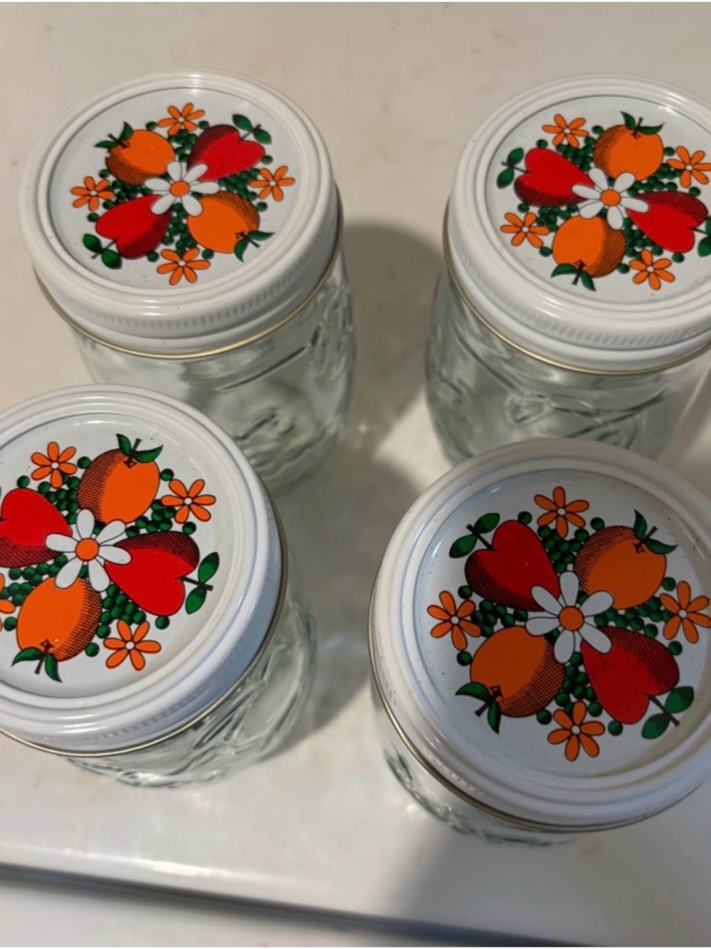 Vintage Set Of 4 Kerr Country Kitchen Fruit Embossed Canning Jars